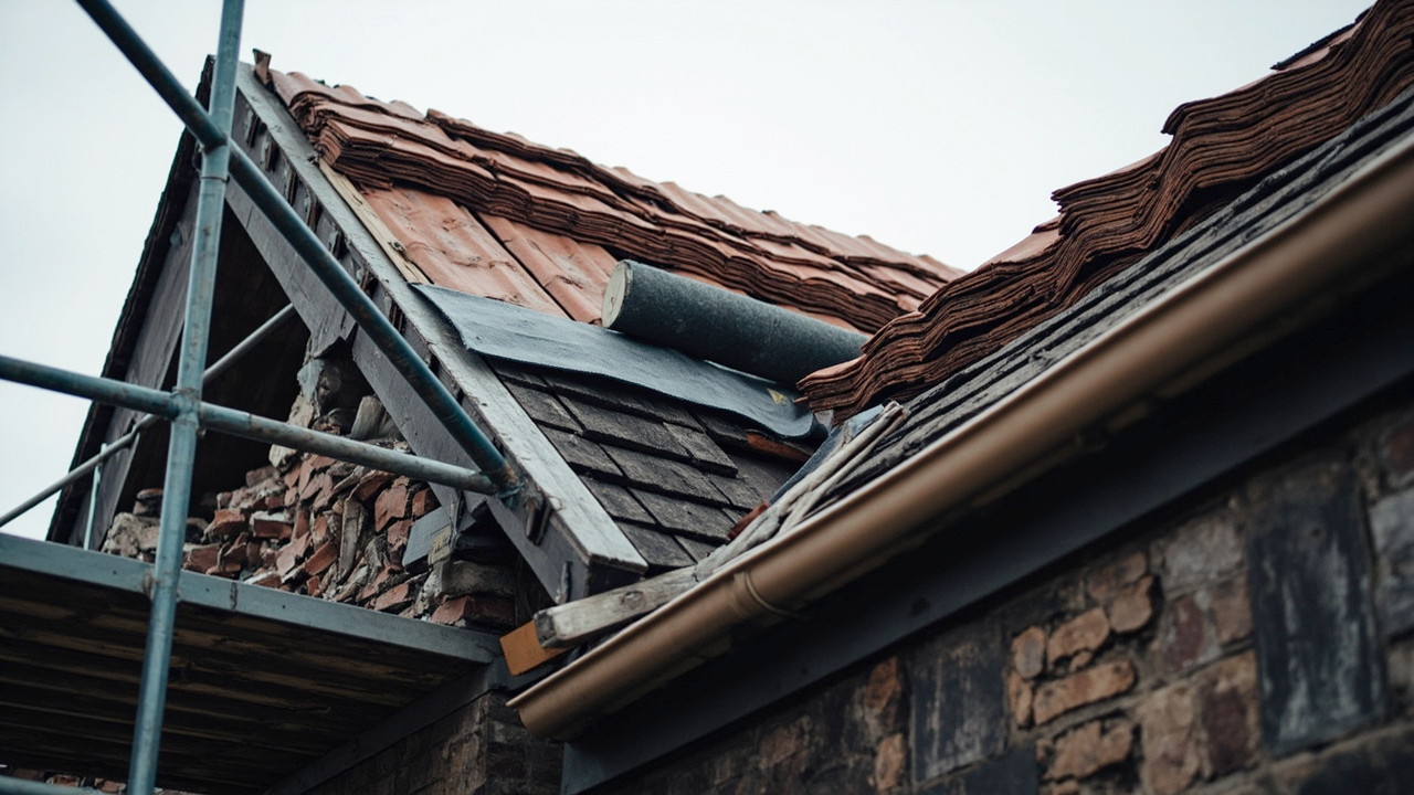 Dakvlak in aanbouw waarop de kosten van een dakrenovatie zichtbaar worden: steiger, materiaal en afvoer