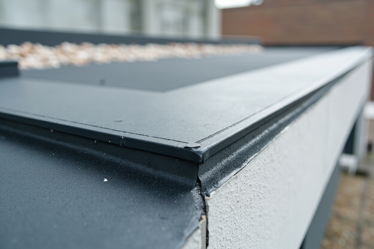 EPDM-folie in een stuk over een plat dakvlak, met de hoeken met de hand afgewerkt