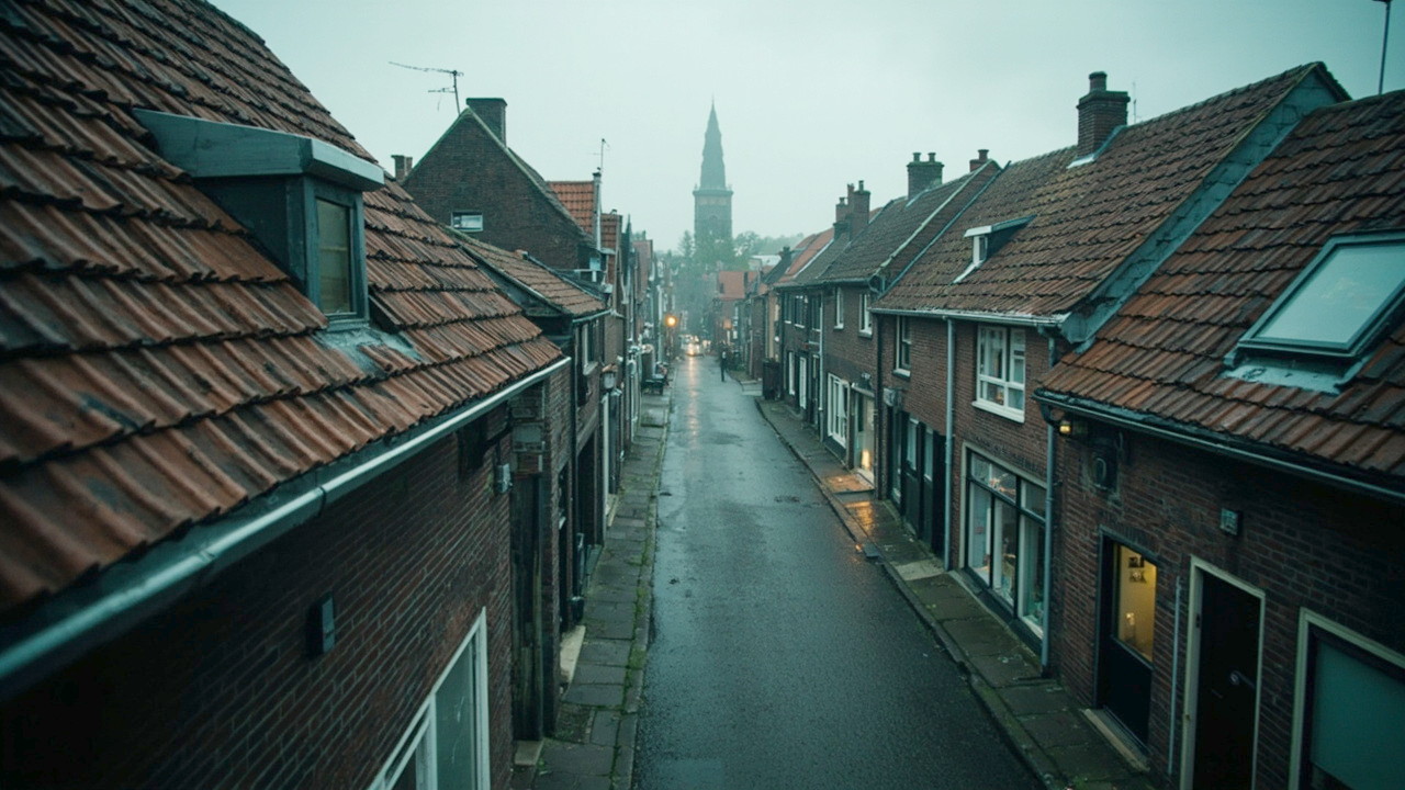 Pannendaken met zinken goten langs de dorpsstraat in Santpoort